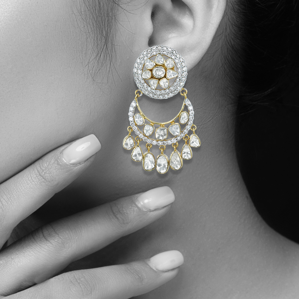 Polki Diamond Chandbali Earrings with Teardrop Danglers